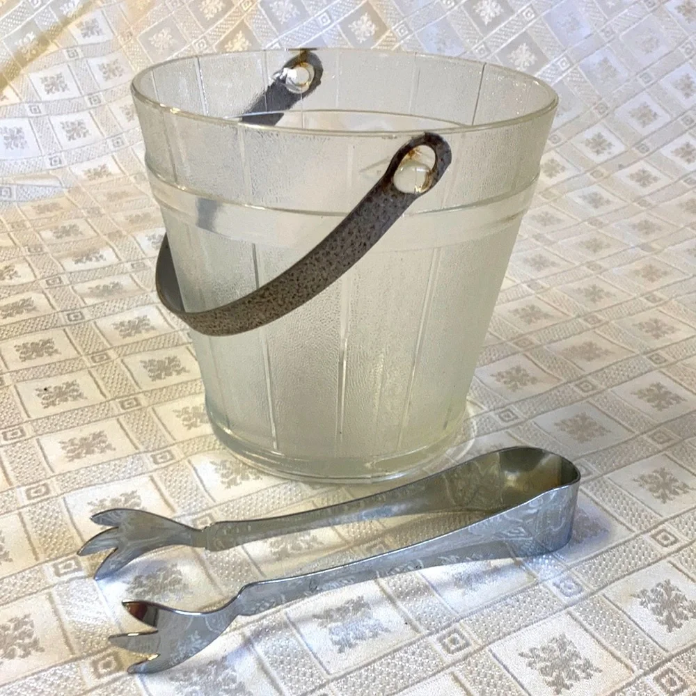 Vintage Glass Ice Bucket With Tongs